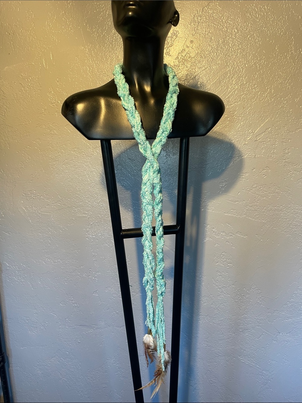 Braided Aqua Fringe Lariat Necklace woven 2wear. Great on a hat as well